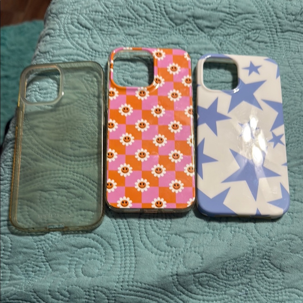 Stylish Phone Case Set - Clear, Pink Floral, Blue Star